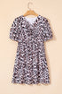 Brown Leopard Tied Front Keyhole Puff Short Sleeve Mini Dress